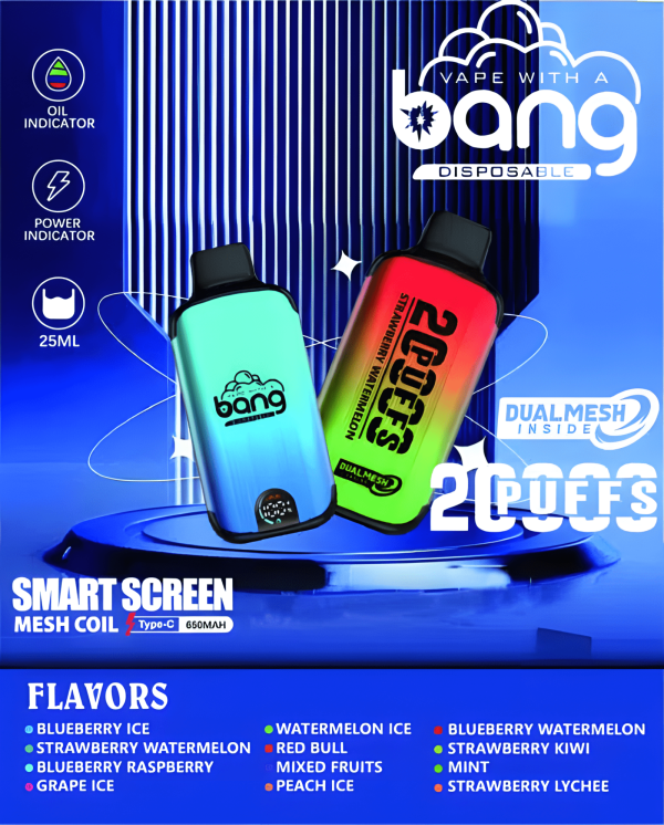 Bang 25000 Puffs 超大屏幕 擁有 30ml超大容量可充電拋棄式電子煙