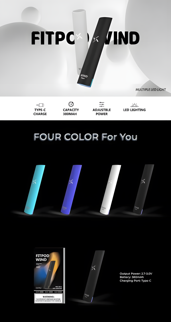 Fitpod Wind 氣流桿 380mAh Type-C、四檔電壓調節與頂底彩燈開關